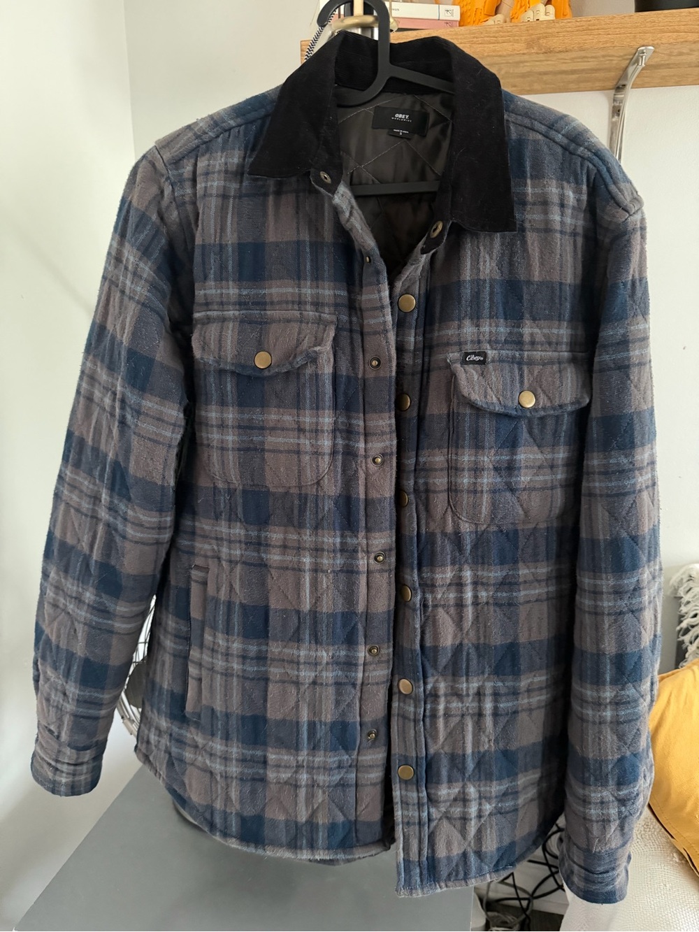 Obey Quilted Plaid Jacket with Corduroy Collar - Blue Gray
